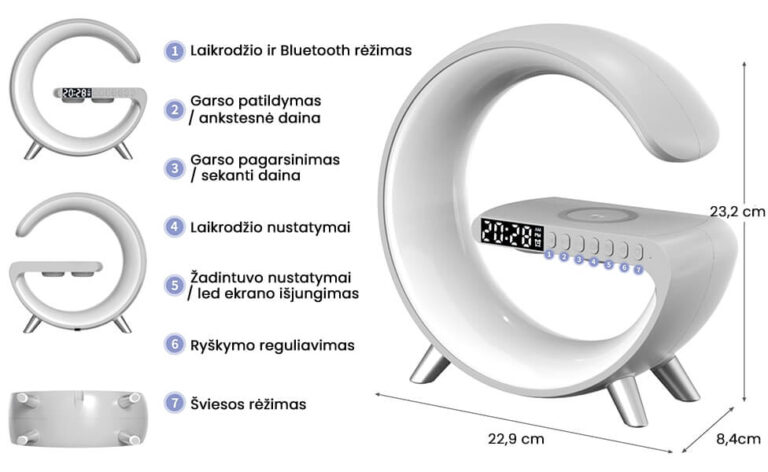 Lampe LED avec chargeur de téléphone sans fil, haut-parleur et réveil Užsisakykite Trendai.lt 8