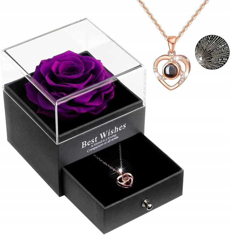 Boîte à bijoux avec rose et collier avec le mot amour 100 langues Užsisakykite Trendai.lt